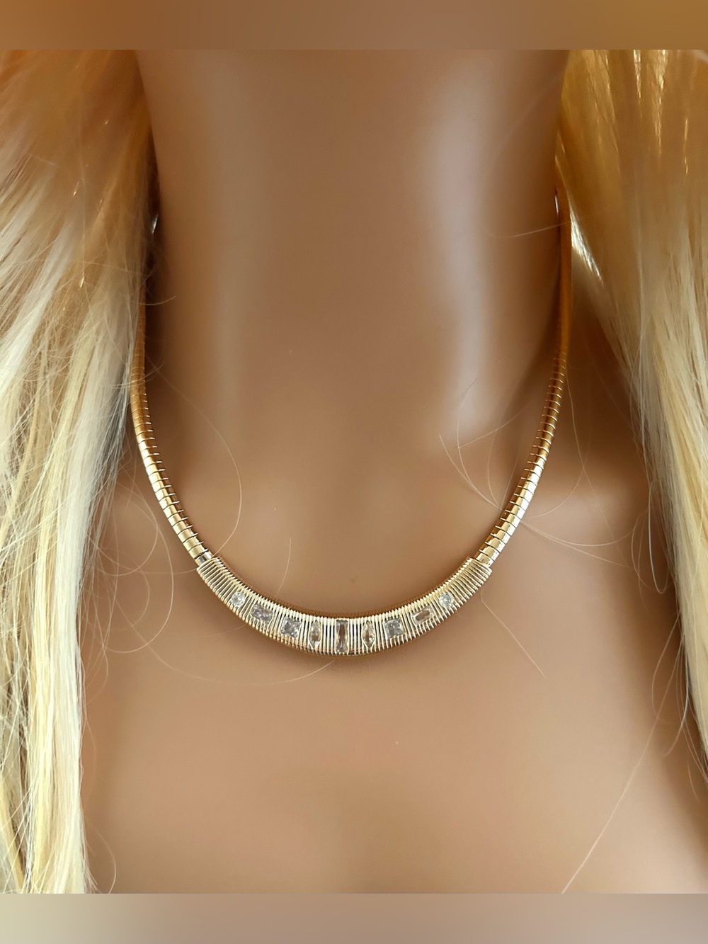 Anthropologie Ribbed Snake Chain Collar Gold Toned CZ Necklace NWT Adjustable